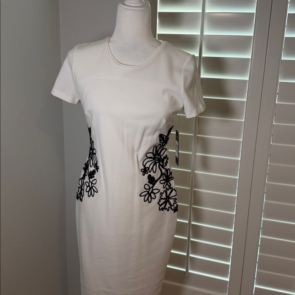 NWT size 4 Karl Lagerfield Paris Dress with Black embroidered Floral Design